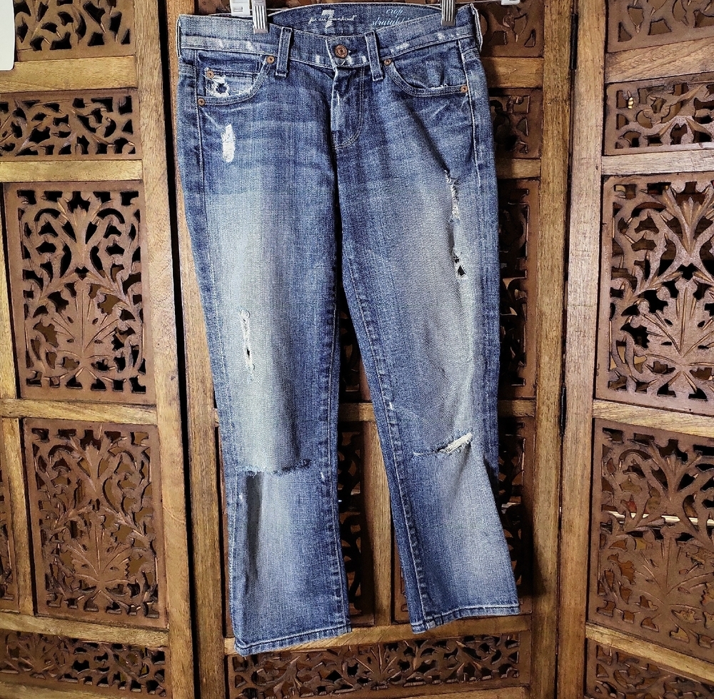 7 For All Mankind Distressed Ankle Jeans - Blue